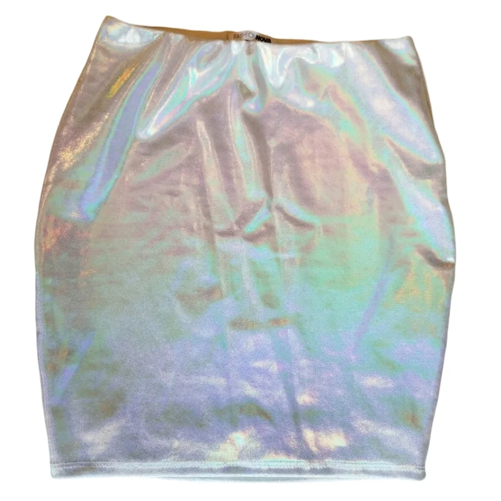 Holographic Mini Bodycon Skirt Size SMALL Stretchy Rainbow Metallic Y2K PARTY - Picture 5 of 6